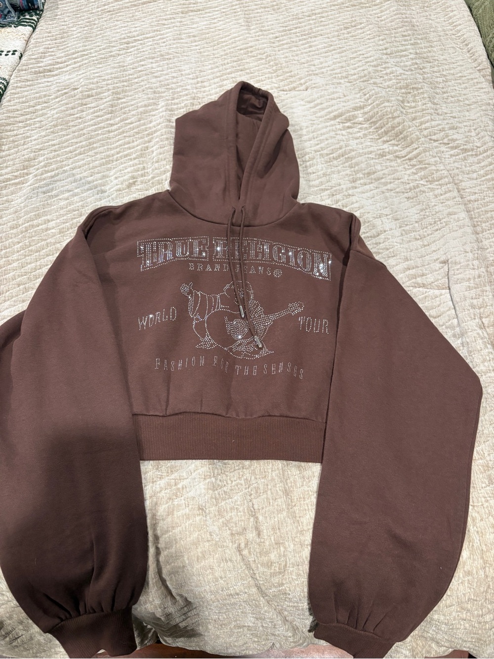 True Religion Brown Rhinestone Logo Cropped Hoodie